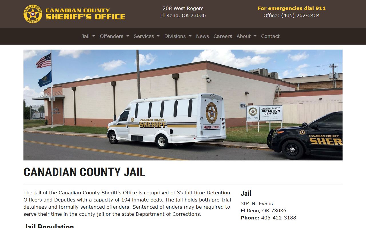 Canadian County Sheriff's Office jail information page with capacity and contact details