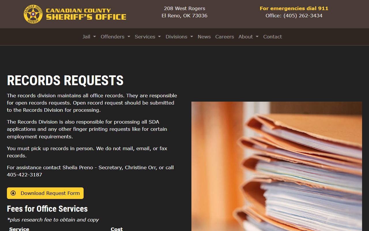 Canadian County sheriff records request page for jail inmate records
