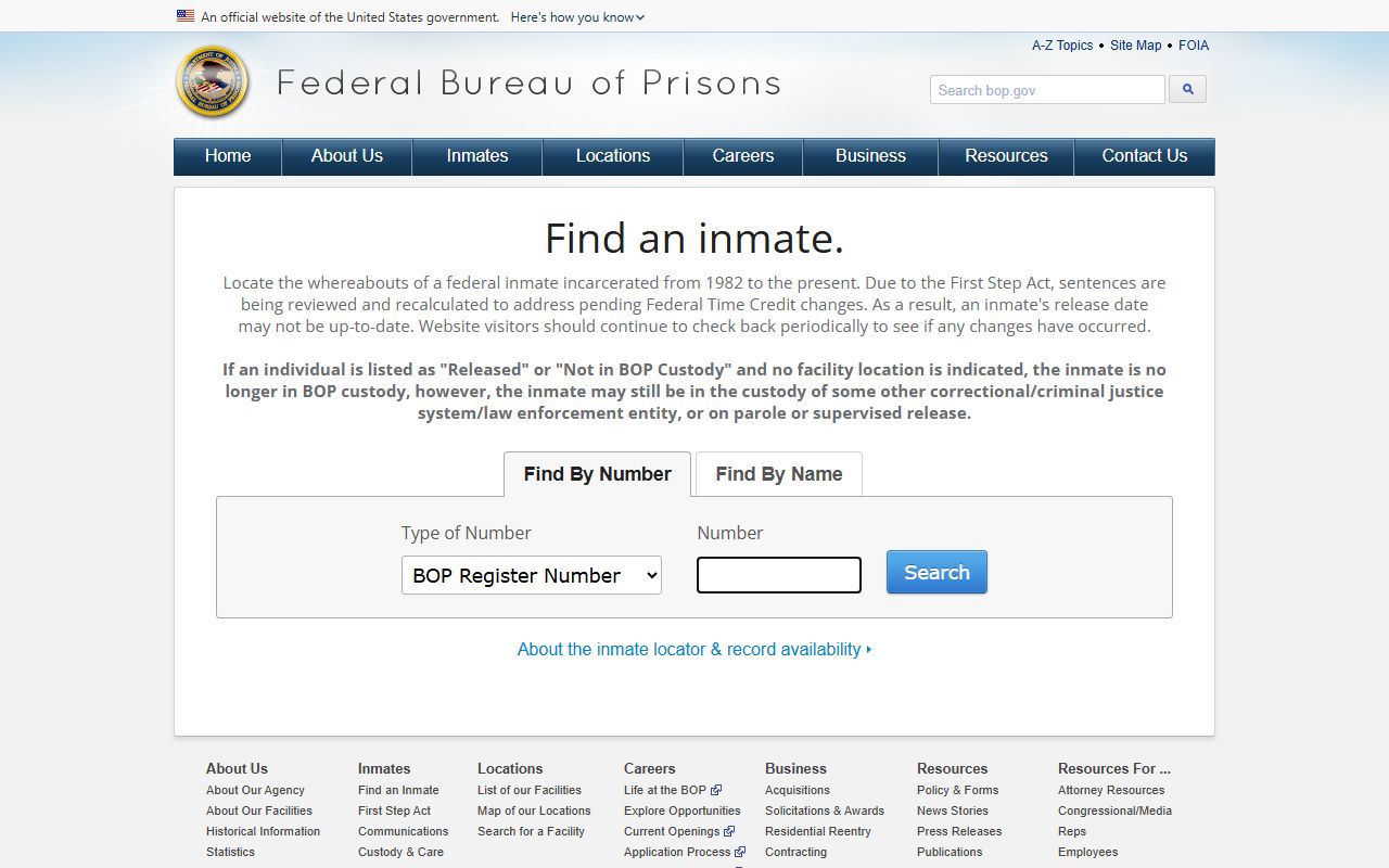 BOP inmate locator page with name and number search options
