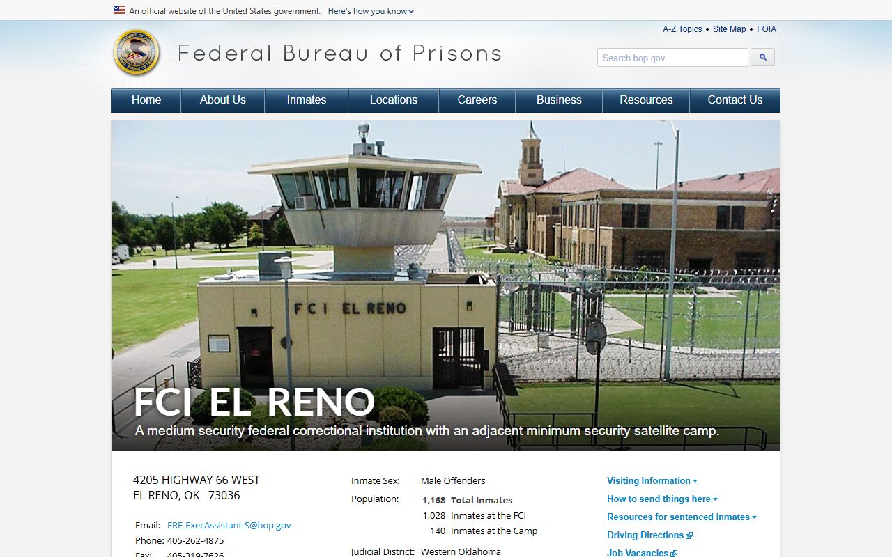 BOP FCI El Reno facility page with population and visiting information